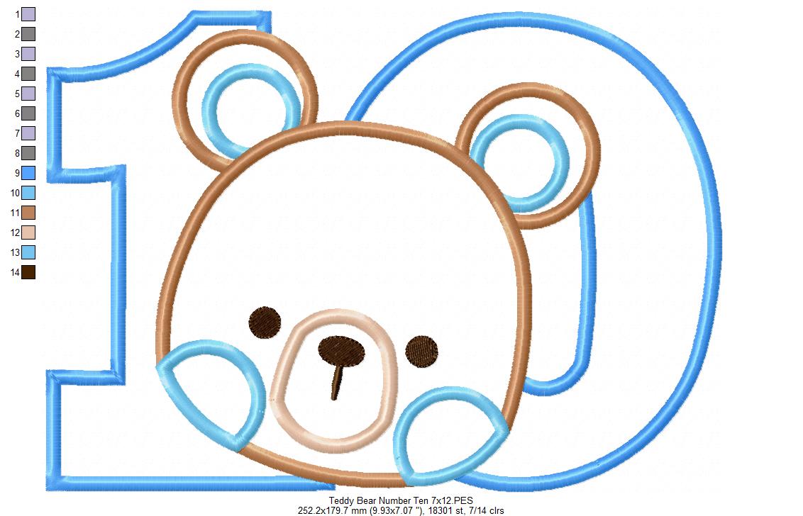 Teddy Bear Girl Number Ten 10 Tenth Birthday - Applique