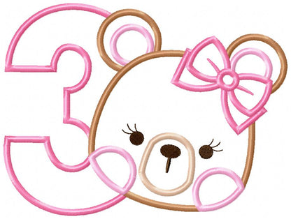 Teddy Bear Girl Number 3 Three 3rd Birthday - Applique