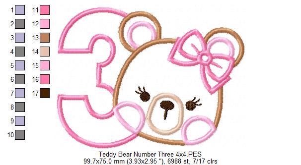 Teddy Bear Girl Number 3 Three 3rd Birthday - Applique