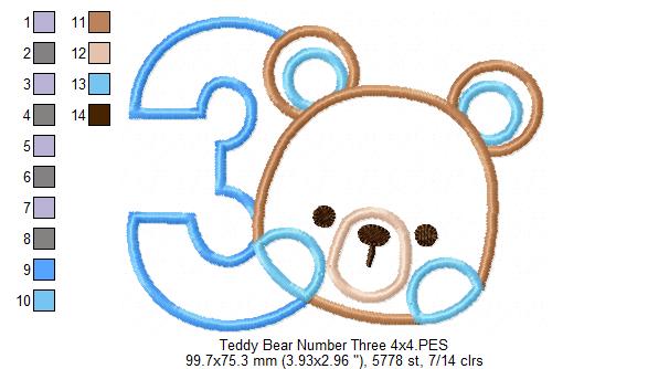 Teddy Bear Boy Number 3 Three 3rd Birthday - Applique