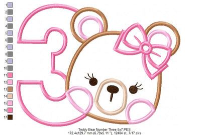 Teddy Bear Girl Number 3 Three 3rd Birthday - Applique