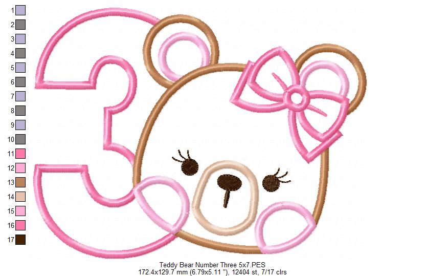 Teddy Bear Girl Number 3 Three 3rd Birthday - Applique