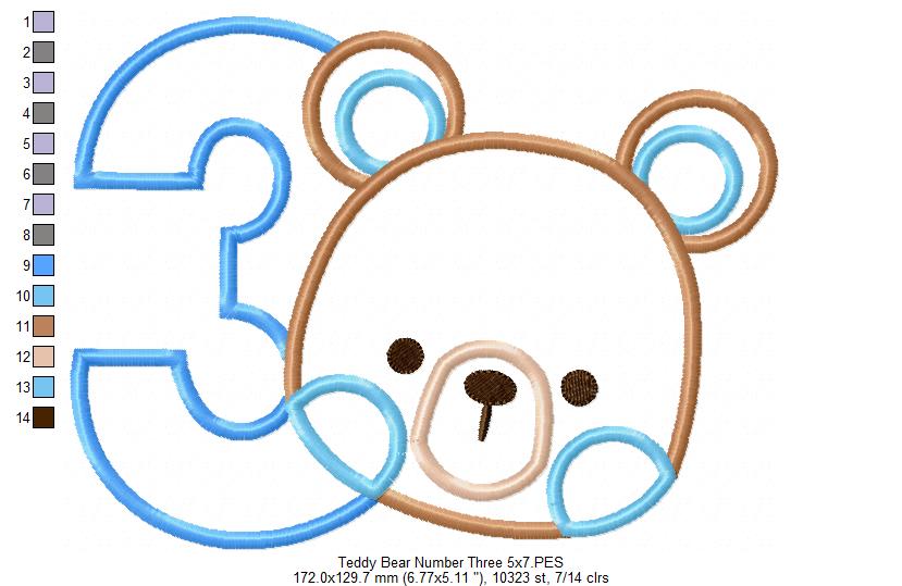 Teddy Bear Boy Number 3 Three 3rd Birthday - Applique