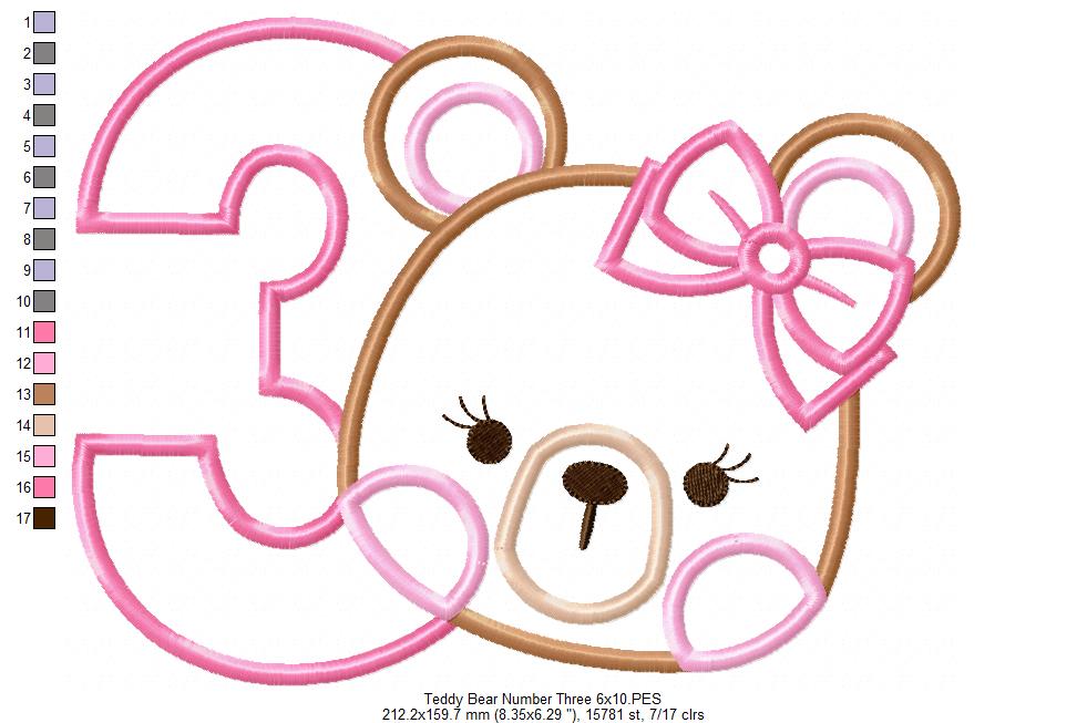 Teddy Bear Girl Number 3 Three 3rd Birthday - Applique