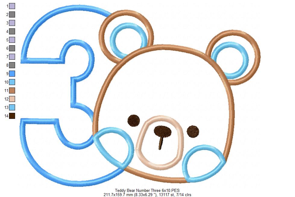 Teddy Bear Boy Number 3 Three 3rd Birthday - Applique