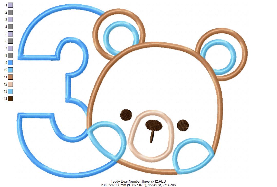 Teddy Bear Boy Number 3 Three 3rd Birthday - Applique