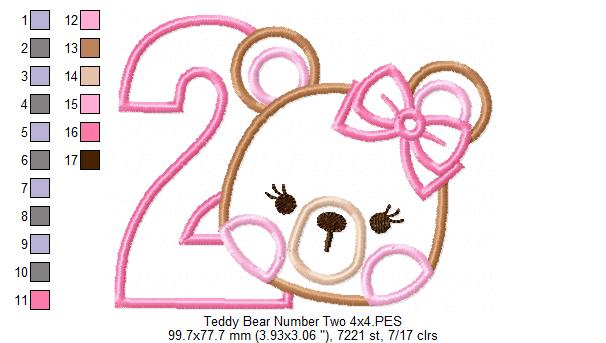 Teddy Bear Girl Number 2 Two 2nd Birthday - Applique