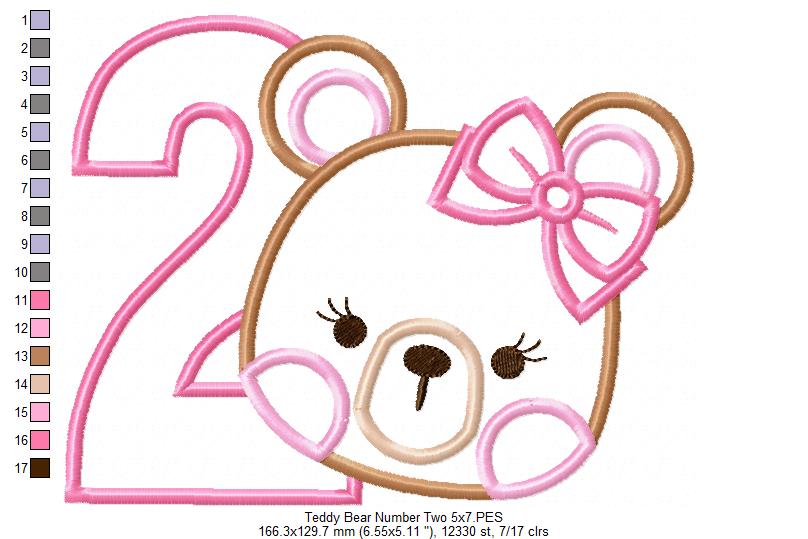 Teddy Bear Girl Number 2 Two 2nd Birthday - Applique