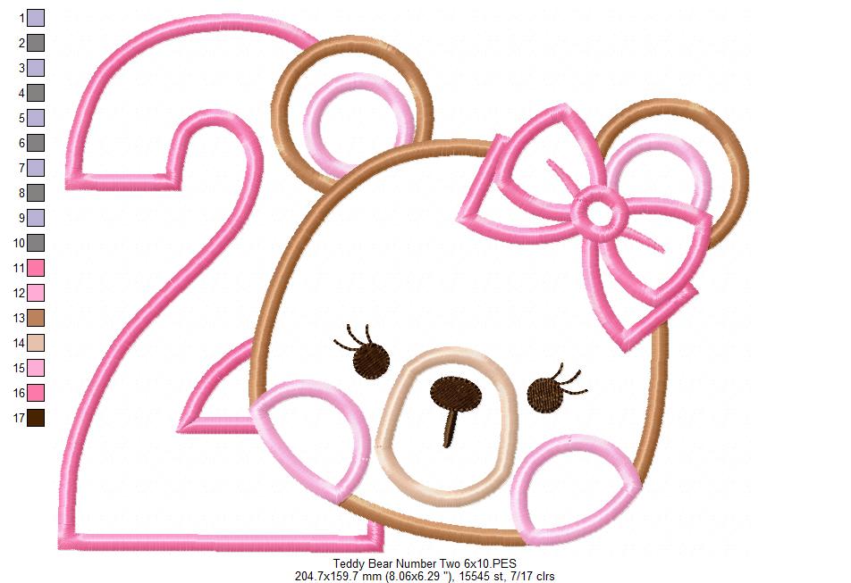 Teddy Bear Girl Number 2 Two 2nd Birthday - Applique