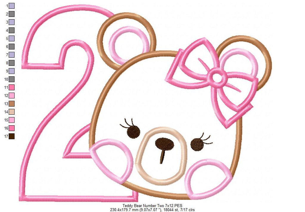 Teddy Bear Girl Number 2 Two 2nd Birthday - Applique