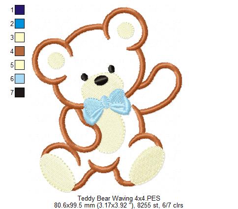 Teddy Bear Waving - Applique - Machine Embroidery Design