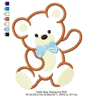 Teddy Bear Waving - Applique - Machine Embroidery Design