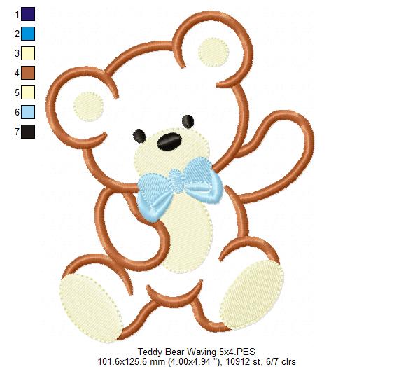 Teddy Bear Waving - Applique - Machine Embroidery Design