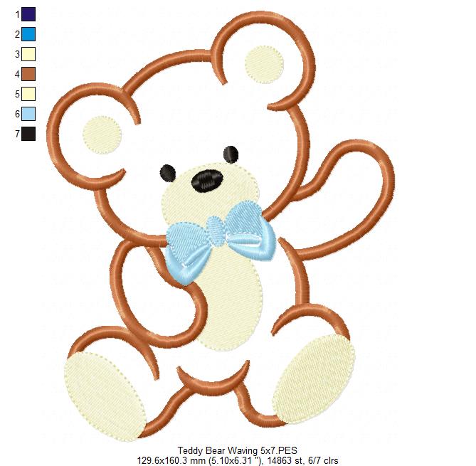 Teddy Bear Waving - Applique - Machine Embroidery Design