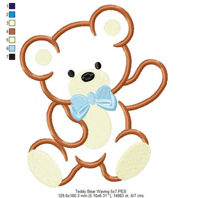 Teddy Bear Waving - Applique - Machine Embroidery Design