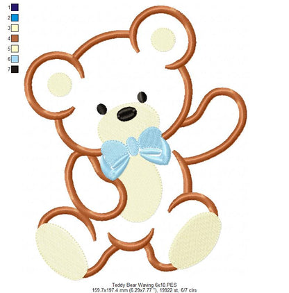 Teddy Bear Waving - Applique - Machine Embroidery Design