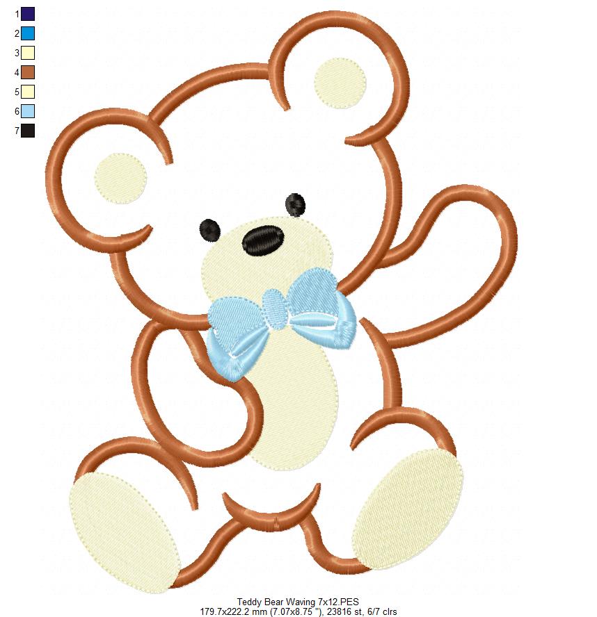 Teddy Bear Waving - Applique - Machine Embroidery Design