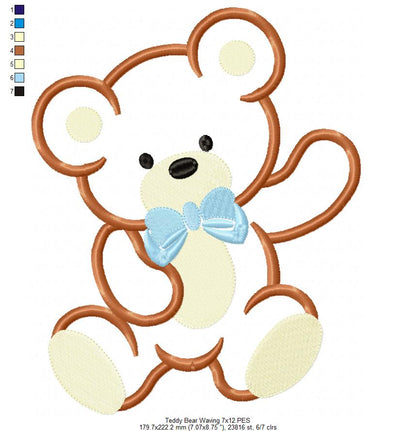 Teddy Bear Waving - Applique - Machine Embroidery Design