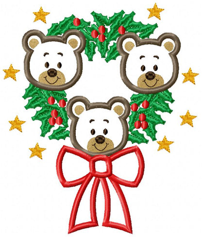 Teddy Bear Christmas Wreath - Applique Embroidery