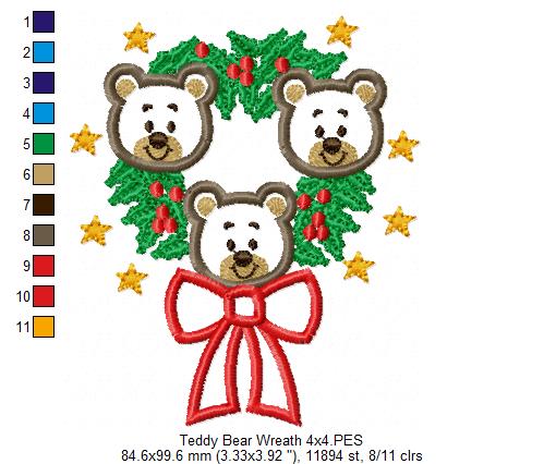 Teddy Bear Christmas Wreath - Applique Embroidery