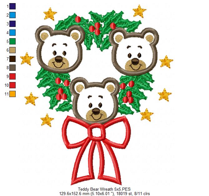 Teddy Bear Christmas Wreath - Applique Embroidery