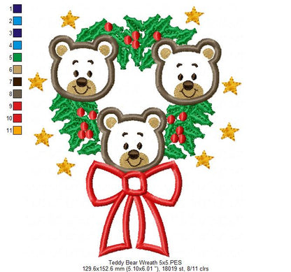 Teddy Bear Christmas Wreath - Applique Embroidery