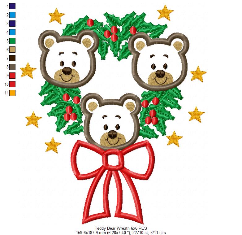 Teddy Bear Christmas Wreath - Applique Embroidery
