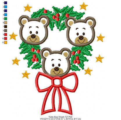 Teddy Bear Christmas Wreath - Applique Embroidery