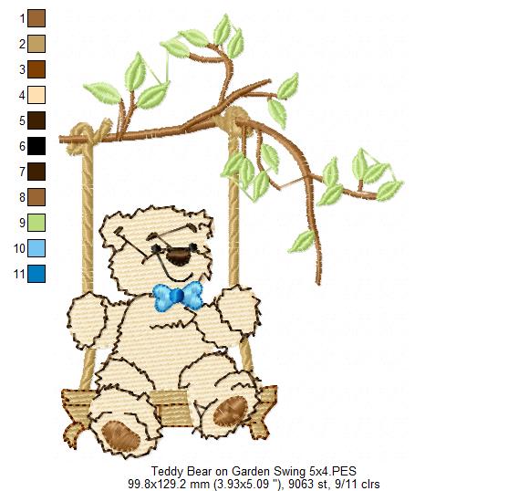 Teddy Bear on Garden Swing - Fill Stitch