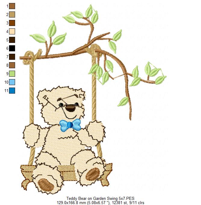 Teddy Bear on Garden Swing - Fill Stitch
