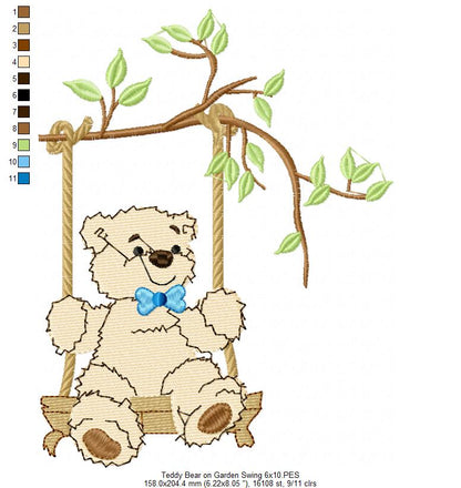 Teddy Bear on Garden Swing - Fill Stitch