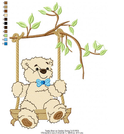 Teddy Bear on Garden Swing - Fill Stitch