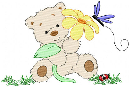 Teddy Bear with Big Flower - Fill Stitch