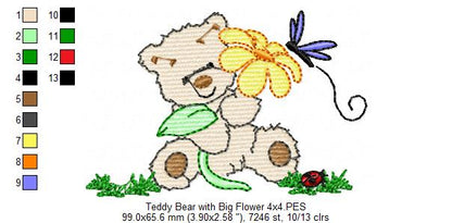 Teddy Bear with Big Flower - Fill Stitch