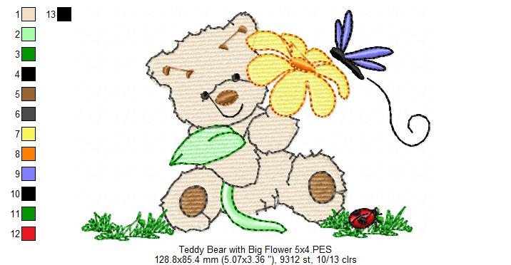 Teddy Bear with Big Flower - Fill Stitch