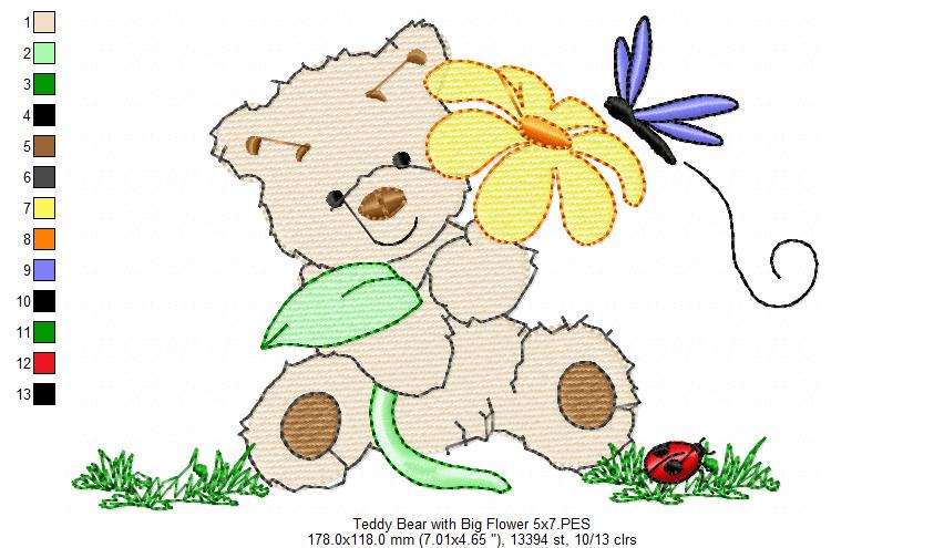 Teddy Bear with Big Flower - Fill Stitch