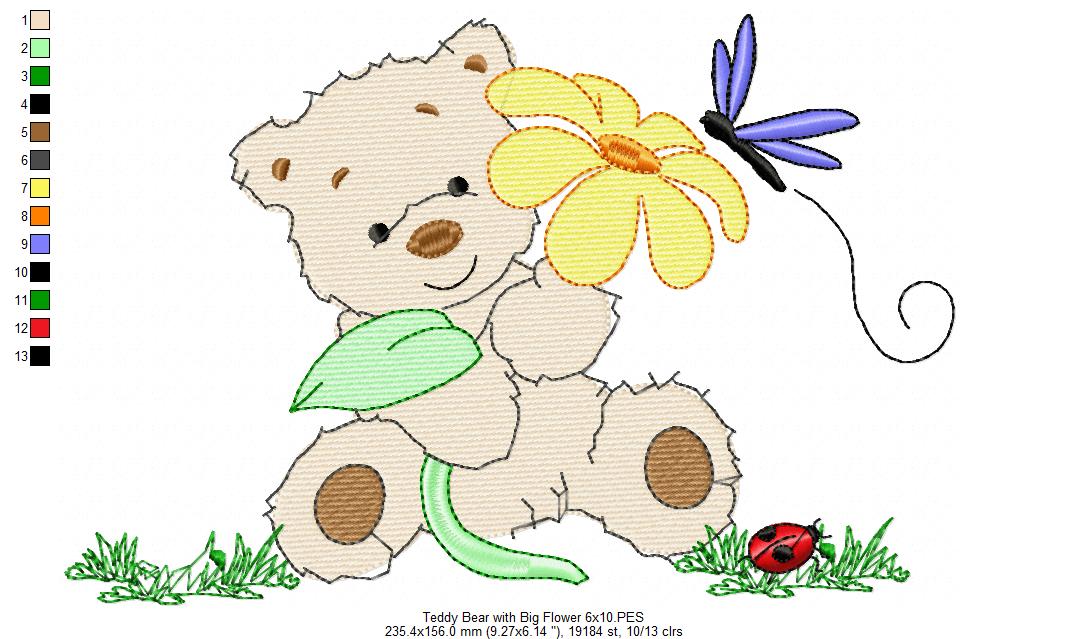 Teddy Bear with Big Flower - Fill Stitch