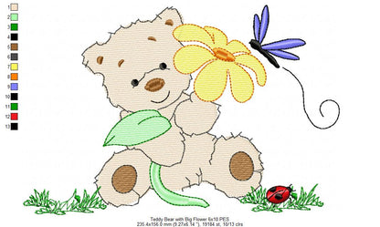 Teddy Bear with Big Flower - Fill Stitch