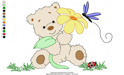 Teddy Bear with Big Flower - Fill Stitch