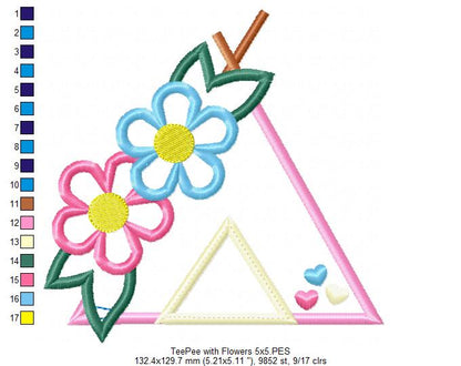 Tee Pee with Flowers - Applique