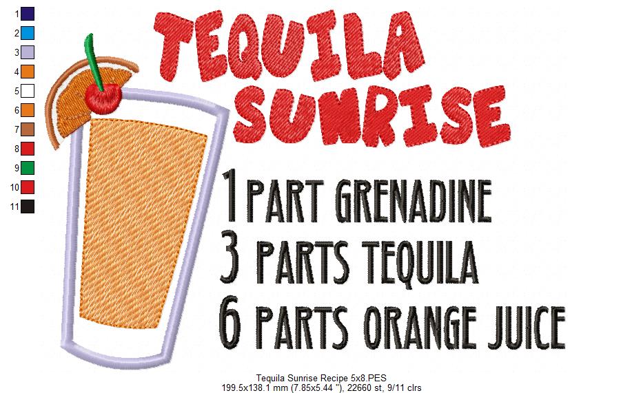 Tequila Sunrise Recipe - Applique - Machine Embroidery Design