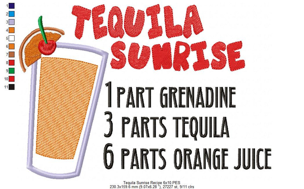 Tequila Sunrise Recipe - Applique - Machine Embroidery Design