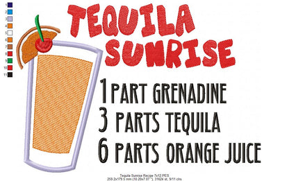Tequila Sunrise Recipe - Applique - Machine Embroidery Design