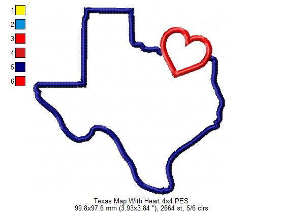 Texas Map with a Heart ❤️ - Applique - Machine Embroidery Design