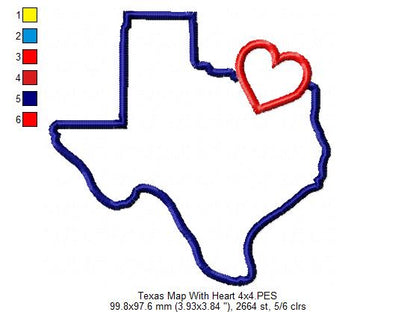 Texas Map with a Heart ❤️ - Applique - Machine Embroidery Design