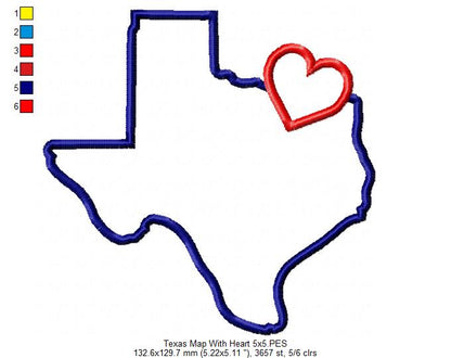 Texas Map with a Heart ❤️ - Applique - Machine Embroidery Design