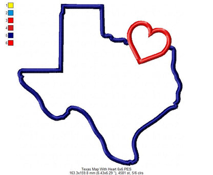 Texas Map with a Heart ❤️ - Applique - Machine Embroidery Design