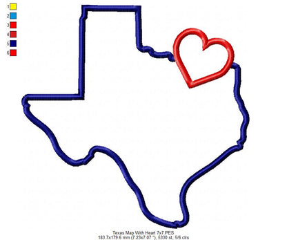 Texas Map with a Heart ❤️ - Applique - Machine Embroidery Design