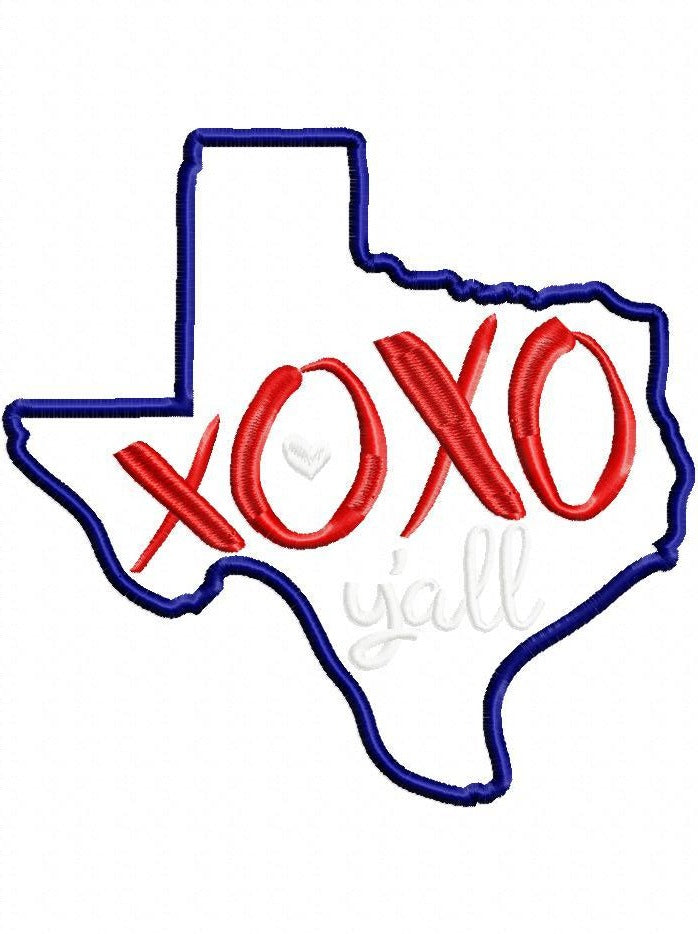 Texas Map XOXO Y'all  - Applique - Machine Embroidery Design
