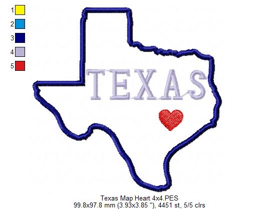 Texas Map Heart - Applique - Machine Embroidery Design